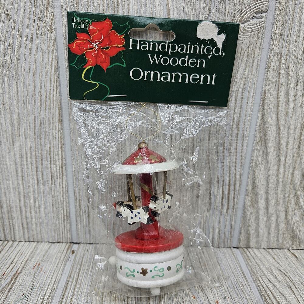 Vintage Holiday Traditions Handpainted Wooden Carousel Christmas Ornament‎